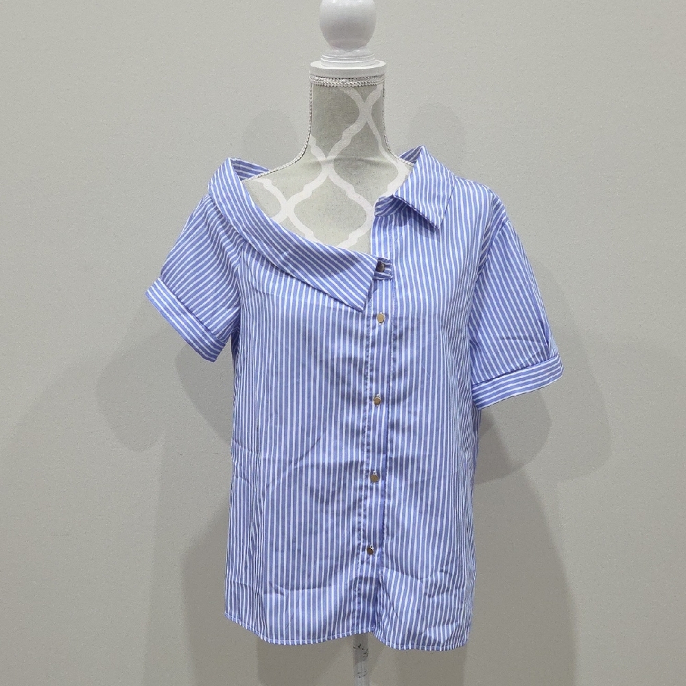 SHEIN Blue and White Striped Button Down Shirt